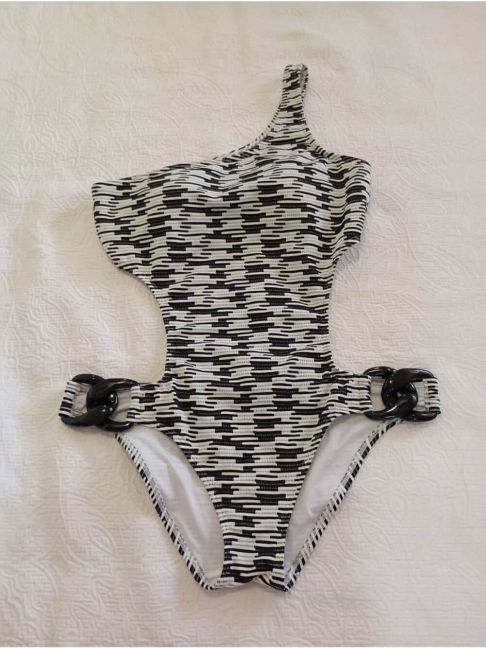 Victorias Secret One-Shoulder Monokini Swimsuit Side Rings Abstract Print Size L - Picture 2 of 12